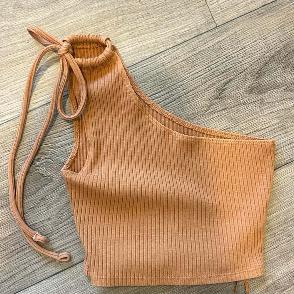 Aerie Tan Ribbed Knit One Shoulder Top Size Xs